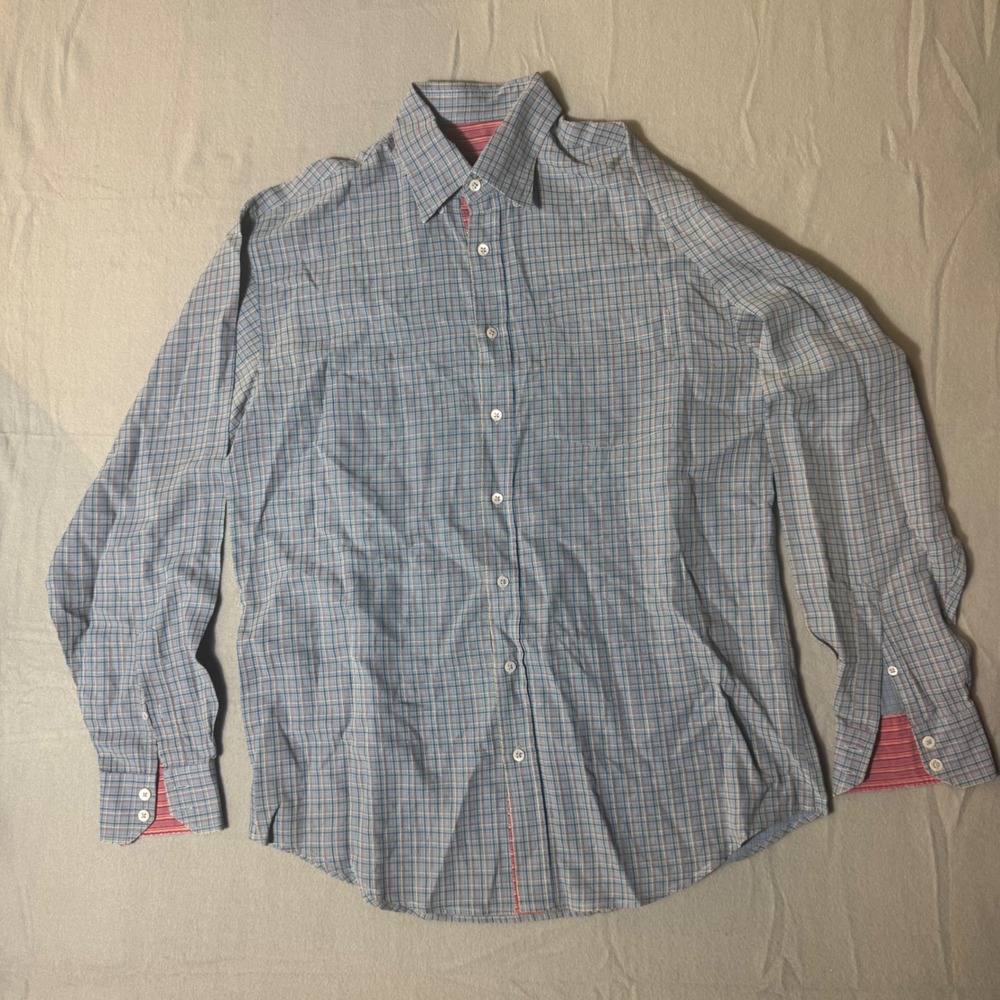 Bugatchi Uomo Mens Blue Plaid Button Down Shirt Contrast Cuffs LT